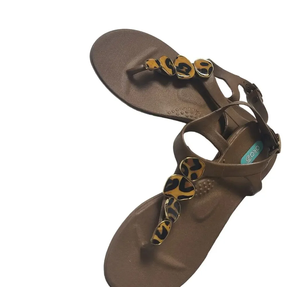OkaB Leopold Button Sandals Brown Animal Print Ankle Strap Flats Arch Support 6